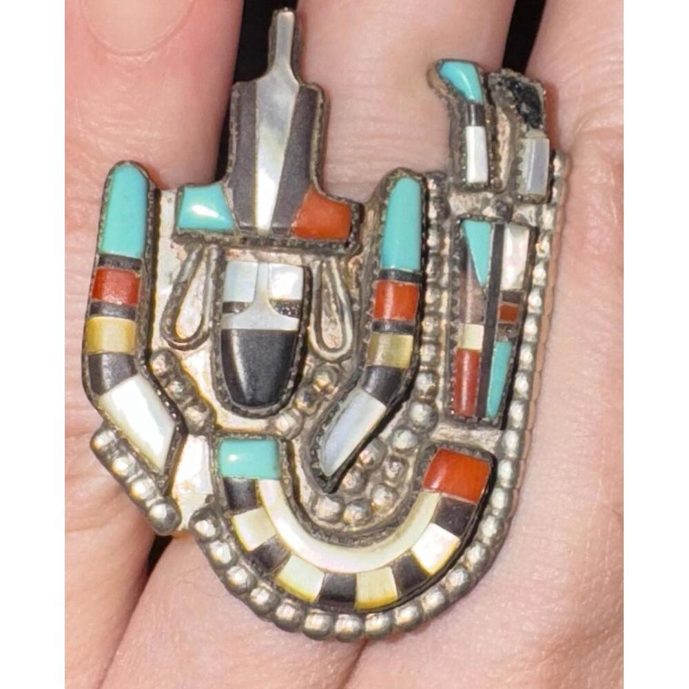 Zuni Cellicion Sterling Silver Turquoise Onyx Inlay Rainbow Kachina Ring Size 4